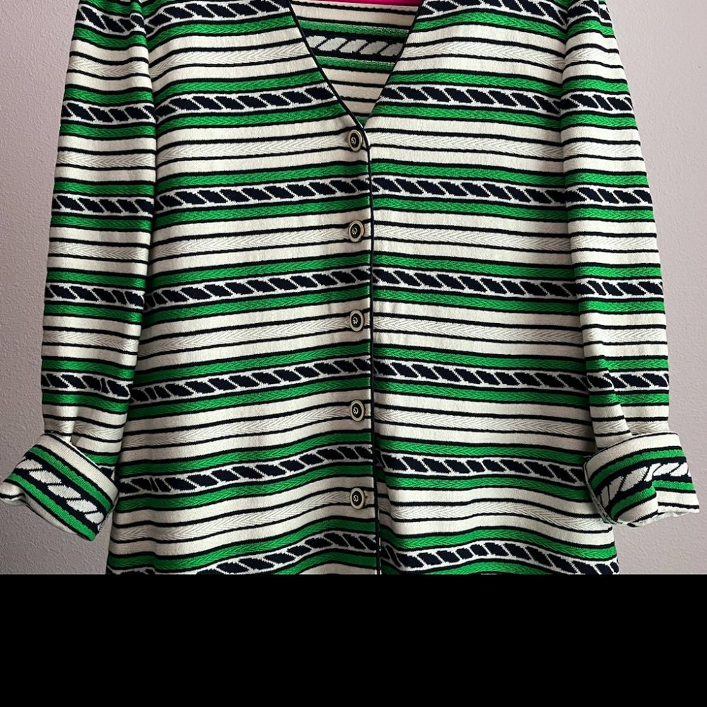 Vintage St. John Collection Marie Gray Green/Navy Striped Cardigan
